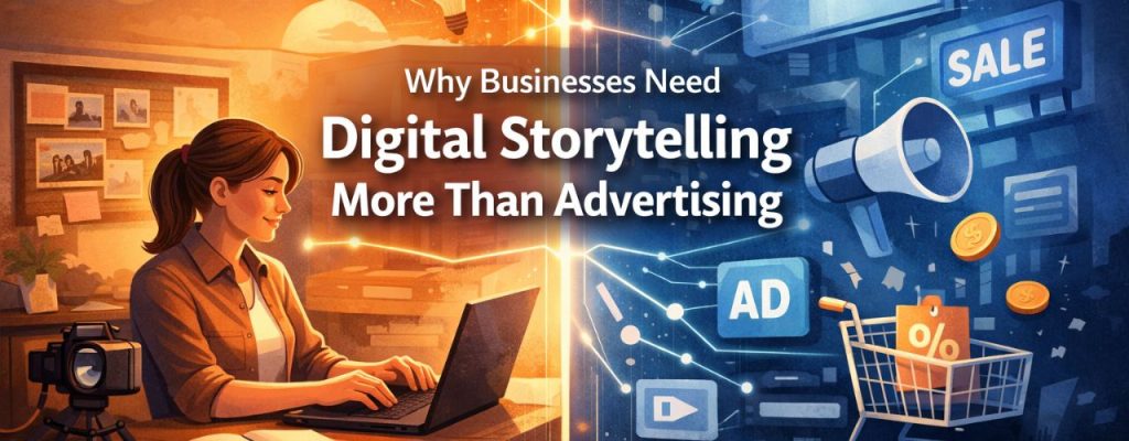 Split-scene digital illustration comparing storytelling and advertising in marketing—one side shows a creator working on a laptop with creative ideas and storytelling elements, while the other side displays digital ads, sale banners, and promotional icons, representing the contrast between digital storytelling and traditional advertising.