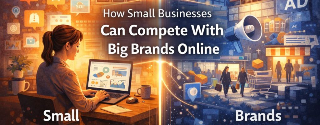 Split-scene digital illustration showing a small business owner working on a laptop with social media and analytics icons on one side, while the other side displays large brand billboards, advertisements, and busy shoppers, representing how small businesses compete with big brands online.