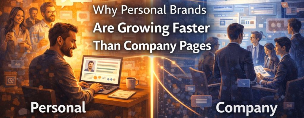 Split-scene digital illustration comparing personal branding and company pages online, showing a professional building a personal brand on social media on one side and a corporate team managing a company page with analytics dashboards on the other, highlighting why personal brands are growing faster than company pages.