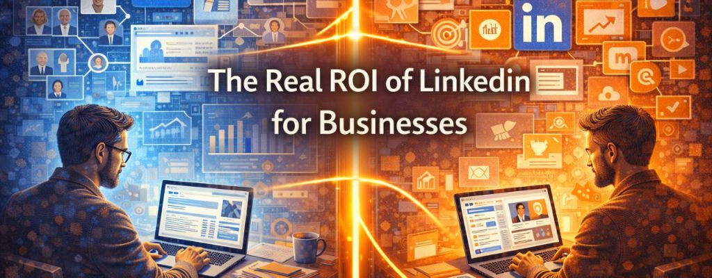 Split-scene digital illustration showing a professional using LinkedIn on a laptop, with one side highlighting networking, profile building, and industry connections, and the other side showing lead generation, analytics, and business growth, representing the real ROI of LinkedIn for businesses.