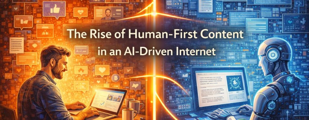 Split-scene digital illustration showing a human content creator working on a laptop and sharing authentic ideas on one side, while the other side features an AI robot generating automated text and data on a computer, representing the rise of human-first content in an AI-driven internet.