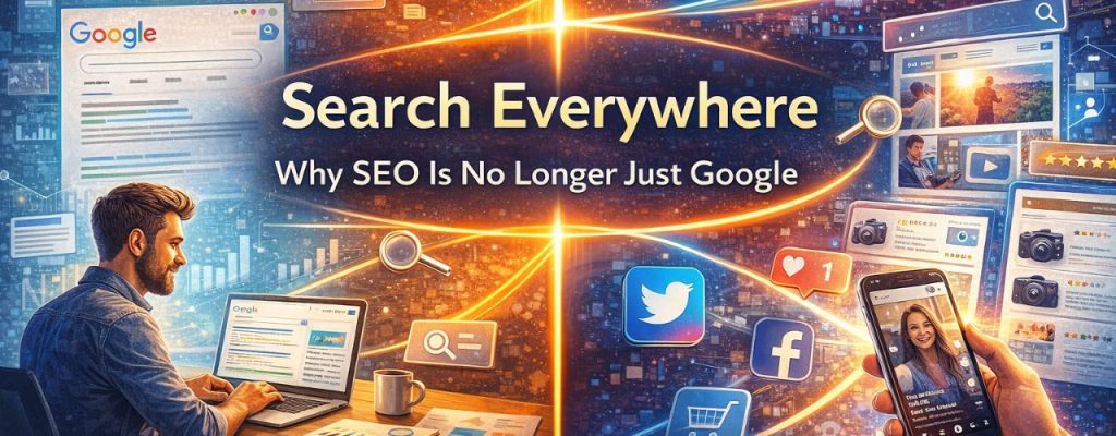 Split-scene digital banner showing a marketer working on a laptop analyzing Google search results on the left, while the right side displays content discovery on social media platforms like Instagram, TikTok, YouTube, Facebook, Twitter, and e-commerce sites, with connecting lines highlighting multi-platform search. The central text reads: “Search Everywhere: Why SEO Is No Longer Just Google.”