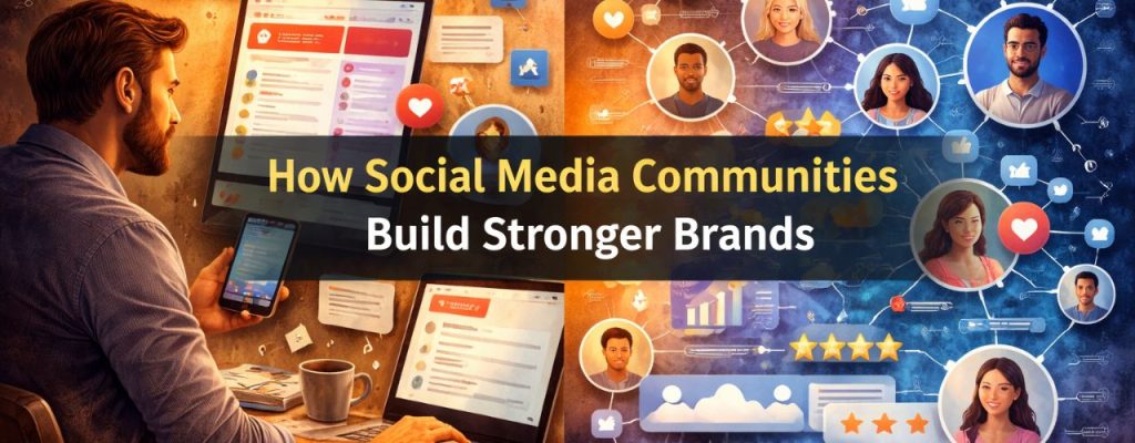 **Alt text:** Split-scene digital banner showing a marketer engaging with an online community via laptop and smartphone on the left, surrounded by social media notifications, while the right side displays a connected network of diverse user profiles, likes, and reviews, with the text “How Social Media Communities Build Stronger Brands” across the center.