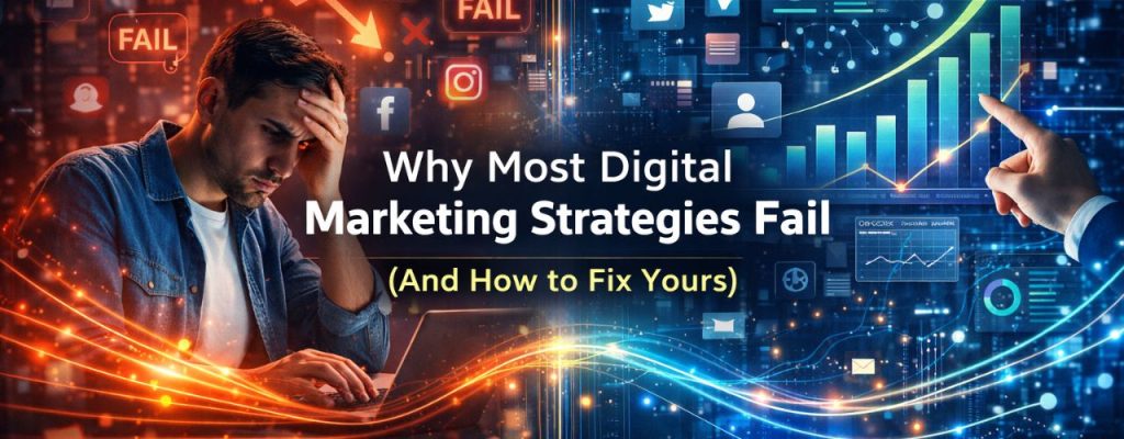 Split-screen digital banner showing a frustrated marketer on one side with declining graphs and “fail” indicators, and a successful marketing dashboard with rising analytics and growth charts on the other, illustrating why most digital marketing strategies fail and how to fix them.